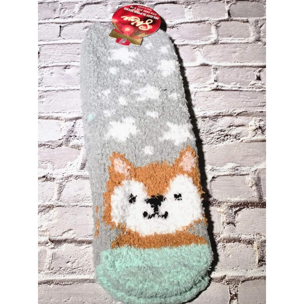 Shine, Lt Gray Fox Fuzzy Warm Socks, 1 Pair NWT